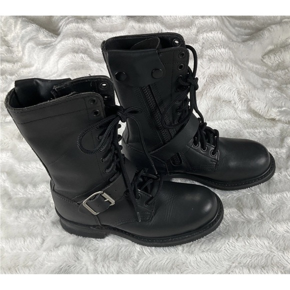 Double H Womens 7M Black Leather Zip Buckle Lace Up Motorcycle Combat Boots - Picture 2 of 14